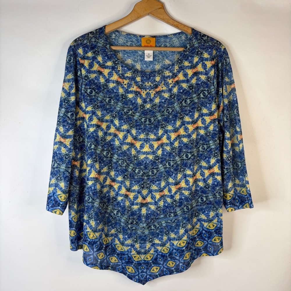 Ruby Rd Blouse Womens 2X Blue Yellow Embellished Sharkbite Geometric